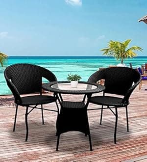 DEVOKO 3 Pieces Patio Outdoor Rattan, Wicker Chair Conversation, Garden, Backyard, Balcony, Porch, Poolside Furniture Sets with Glass Table, Black, 58.4 cm, 76.2 cm