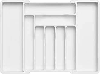 Lifewit Extendable Cutlery Drawer Organiser, Adjustable Cutlery Tray, Utensil Holder for Forks, Spoons, Knives, Plastic Kitchen Organiser and Storage, 9 Compartment, 33-57 x 38cm, White