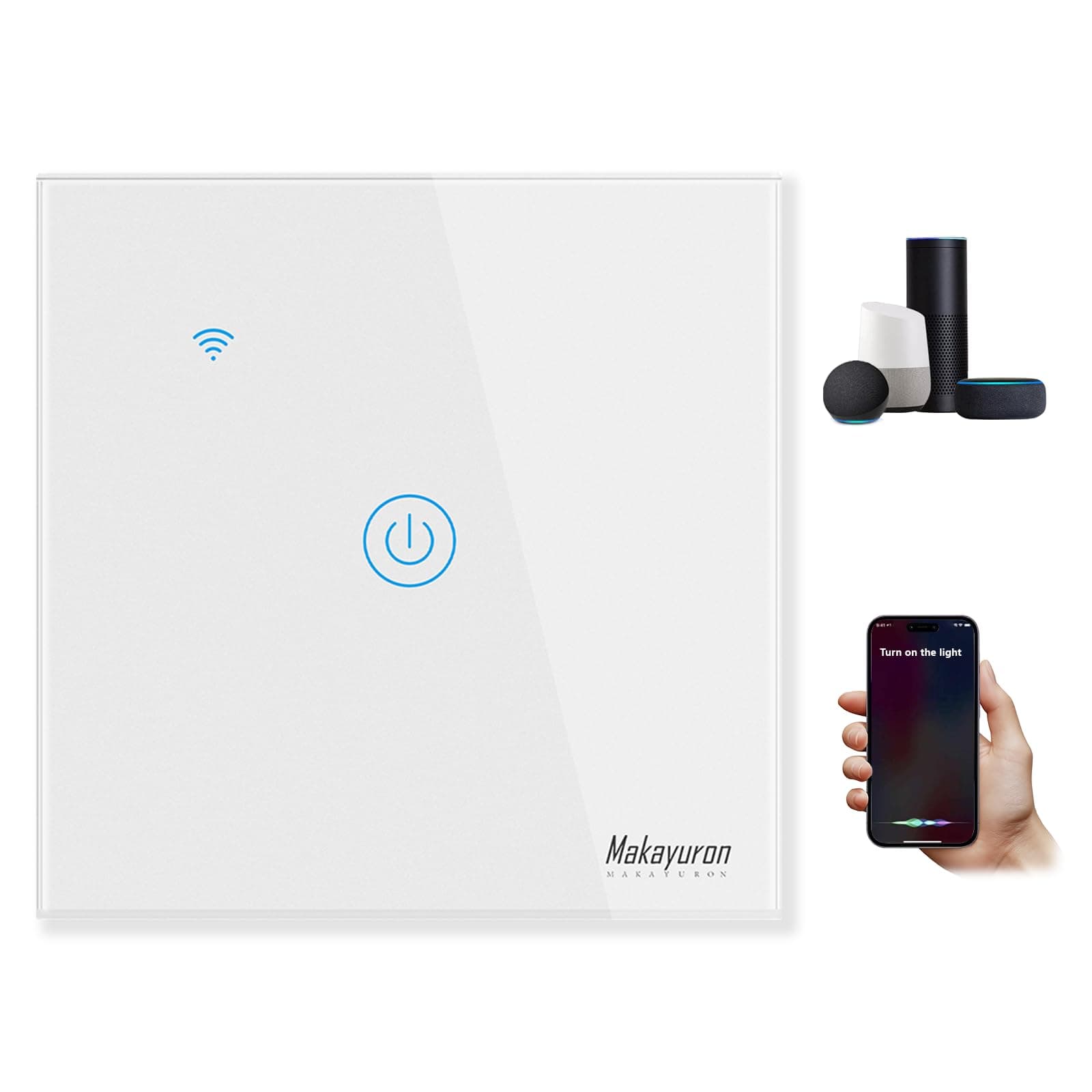 Makayuron WiFi Smart Wall Light Switch,Touch Switches, No Neutral Wire Required, Compatible with Alexa, APP Remote Control Touch Switch, Voice Control, No Hub Required (White 1 Gang)