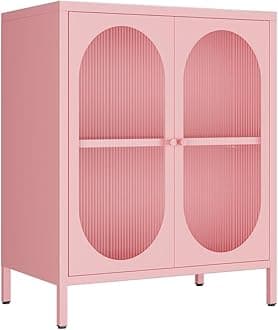 Small 2 Transpanrent Door Metal Storage Side Buffet Cabinet for Room,Entryway,Hallway,Kitchen,1 Removable Shelf.(Transparent Door, Pink)