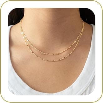 Tewiky Gold Chain Necklace for Women, 14k Gold Plated Thin Beaded Wave Box Chain Necklace Dainty Gold Necklace Simple Layered Gold Choker Necklaces Minimalist Gold Link Chain Necklace Trendy Jewelry for Women