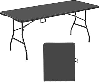 VEVOR Folding Table, 6 Ft Heavy Duty Portable Fold-in-Half Utility Table, Indoor Outdoor Plastic Rectangle Table with Built in Handle, for Party, Dining, Wedding, Events, Picnic, Camping, Black