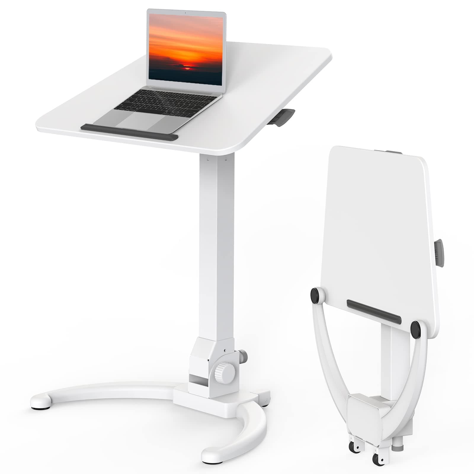 JOY worker Foldable Mobile Standing Desk, Height Adjustable Sit Stand Desk, 90° Tiltable Rolling Laptop Table, Portable Workstation with Wheels Non-Slip Mat for Home Office, Holds Up to 22lbs, White