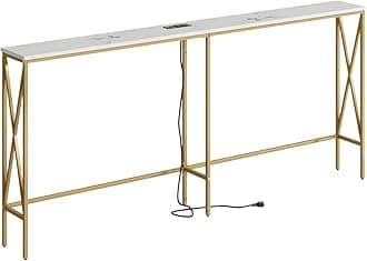 Masupu 70.9" Console Table with Power Outlet, Modern Narrow Long Sofa Table Behind Couch, Skinny Entry Table, Industrial Sofa Table with Metal Frame for Hallway, Living Room, Marble White