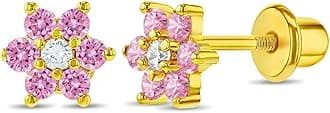 Gold Plated Pink and Clear Cubic Zirconia Flower Safety Screw Back Earrings for Babies and Toddlers 5mm - Delicate and Sparkling Pink Flower Earrings for Little Girls - Lovely Floral Studs