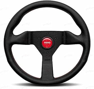 Montecarlo Brushed Black Anodized 320mm Steering Wheel with Red Stitched Black Leather Grip | 3 Spoke Design | Universal Fit | Silver Arrow Horn Button | Ultimate Control & Style