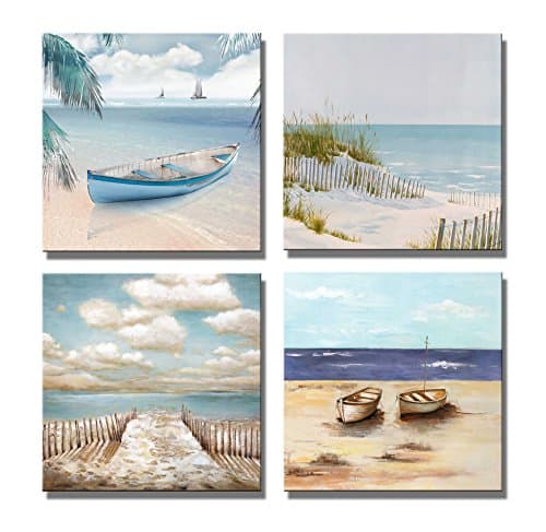 Boqi Art- Seascape Giclee Canvas Prints Beach and BOAD Wall Art Painting Style Prints 4 Panels for Home Decoration