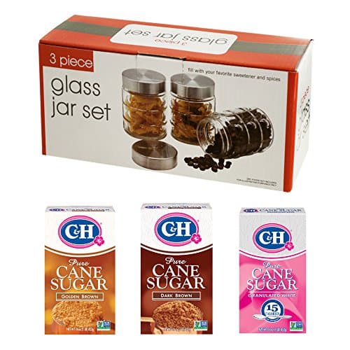 C & H Pure Cane Sugar Storage Kit - 3 Modern Air-Tight Clear Glass Jars + Dark Brown, Golden Brown, and Granulated White Sugar 1 LB Each
