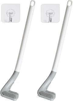 Pack of 2 Golf Toilet Cleaning Brush with Self Adhesive Wall Stickers Hooks, Flexible Bendable Silicone Long Handled Toilet Brush, 360° Deep Toilet Bowl Cleaning Brush,Quick Drying ToiletBrush