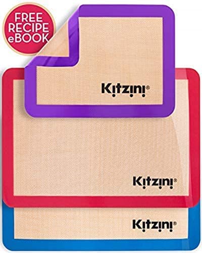 Kitzini Silicone Baking Mat Set of 3 - Two Half and One Quarter Non Stick Sheet Mats - Large BPA Free Professional Grade Liner Sheets - Perfect Bakeware for Making Cookies, Macarons, Bread and Pastry