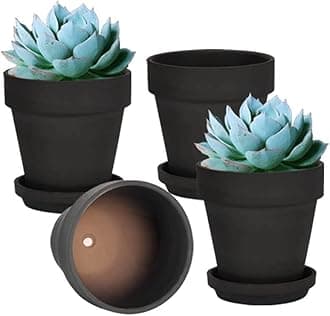 vensovo 6 Inch Black Terracotta & Clay Pots for Plant with Saucer - 4 Pack Medium Terra Cotta Planter with Drainage Hole, Flowerpot for Indoor Outdoor Plants, Crafts, Wedding Favor