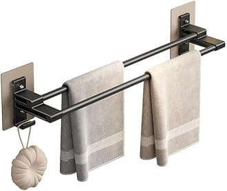 Towel Holder, Wall Mounted Self-Adhesive Towel Bar with Anti Rust Aluminium Hanger, 2 Tier Double Rod Towel Shelf with 2 Hooks, No Drilling Towel Storage 40CM for Bathroom Kitchen Shower, black
