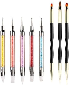 FULINJOY 5PCS Dual-Ended Nail Art Sculpture Pen Dotting Tools with 3PCS Nail Painting Brushes, Silicone Nail Polish Brushes Stainless Steel Carving Drawing Tool, Acrylic Rhinestone Handle