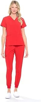 Dagacci Medical Uniform Women and Men Unisex 4-Way Stretch Jogger Scrub Set, Red, XL
