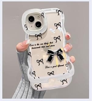 COVERLY 3D Cute Creative Bow-Knot Cartoon 3D Coquette Bow Floral Decor Wave Curly Edge Invisible Double Phone Stand Holder Hard Translucent Cover Girly Charm Case for Apple iPhone 14 (Black White)
