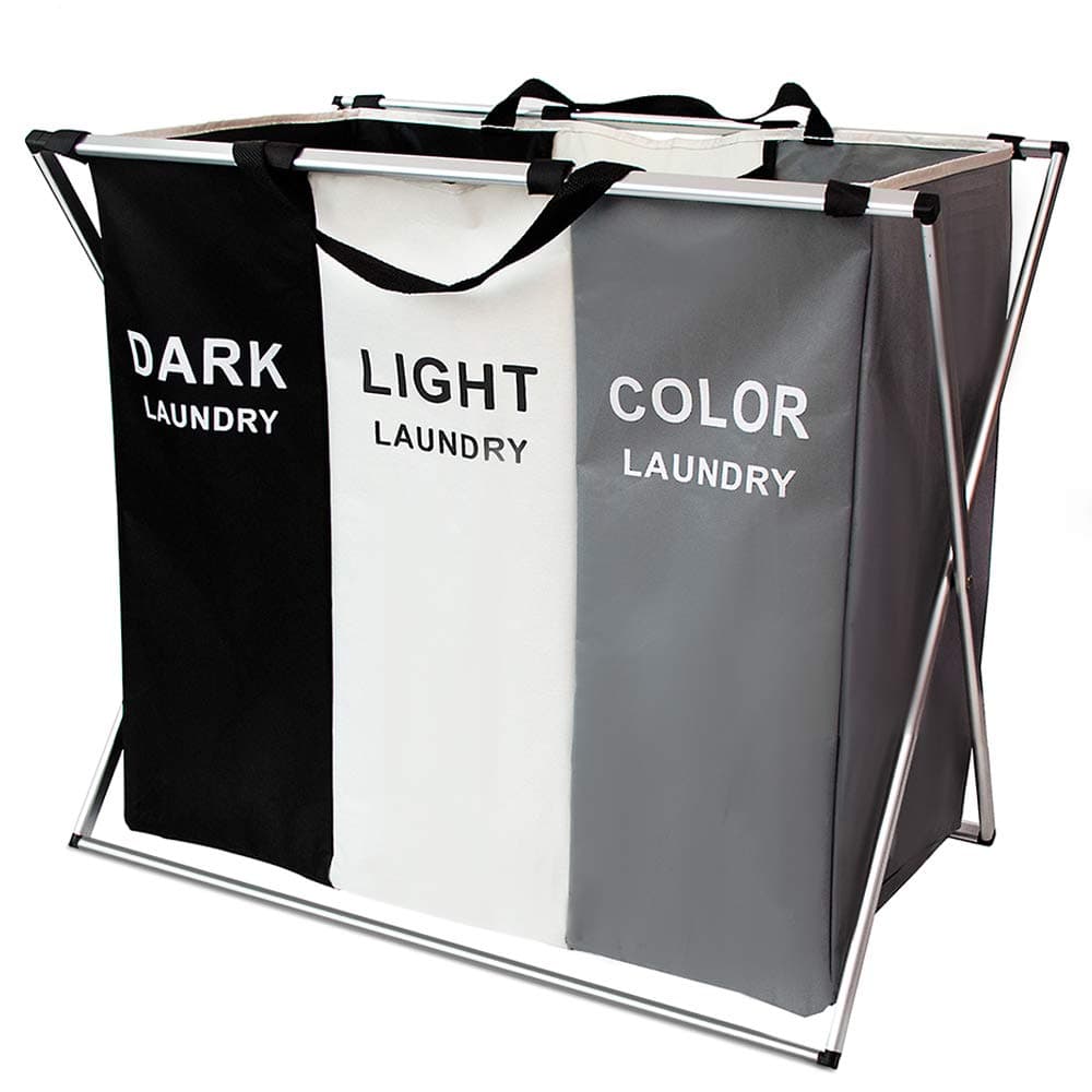 Laundry Hamper Basket Sorter with Handle and Aluminum Frame, 3 Sections Foldable Portable Large Dirty Clothes Basket Organizer for Bathroom Bedroom Home (Black+White+Grey)