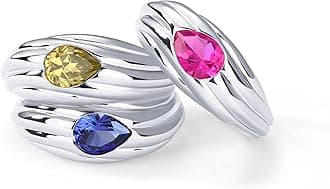 PAVOI 14K Gold Plated Chunky Colored Gemstones Statement Ring for Women | Blue Pink Green Pear Cubic Zirconia Stackable Wave Texture Bands