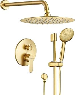 Gabrylly Shower System Gold,Wall Mounted Slide Bar Shower Faucet Set with 8" Rain Shower and 5-Setting Handheld Shower Combo, Rainfall Shower Set with Valve