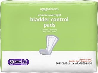 Amazon Basics Incontinence Pads for Women, Postpartum Pads, Bladder Control, Overnight Absorbency, Fresh Protection, Unscented, 30 Count