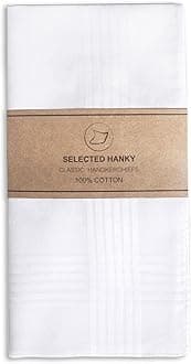 Selected Hanky Men's Handkerchiefs,100% Soft Cotton,White Classic Hankie Pack of 12