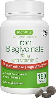 Igennus High Absorption Chelated Iron Bisglycinate 20mg with Vitamin C, Gentle Formula, Clean Label & Targeted Release, One Daily, Vegan, 180 Tablets,