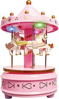 Carousel Music Box Pink – Rotating Horse Merry Go Round with Colour-Changing LED Lights | Wind-Up Musical Box Plays Beethoven’s Für Elise | Nursery Night Light, Cake Topper & Gift
