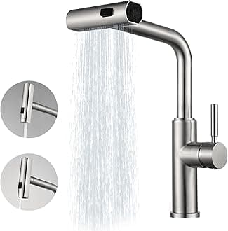 Waterfall Kitchen Faucets, 3 Modes(Sweep/Stream/Waterfall) Kitchen Faucet with Pull Down Sprayer, Stainless Steel Kitchen Sink Faucet 360° Swivel Brushed Nickel Single Lever Handle