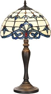 TL0003 Tiffany Table Lamp Bedside Stained Glass Lamp Blue Baroque Reading Desk Light 12X21.5 Inches for Bedroom Living Room Home Office,Vintage Look Handcrafted Accent Décor