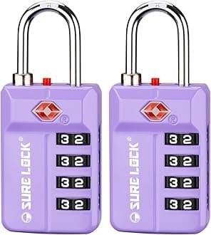 SURE LOCK TSA-Approved 4-Digit Resettable Combination Luggage Lock with Open Alert, Easy-Read Dials - for Luggage, School Lockers, Gym, Office, Toolbox & Security Cases (Purple 2 Pack)