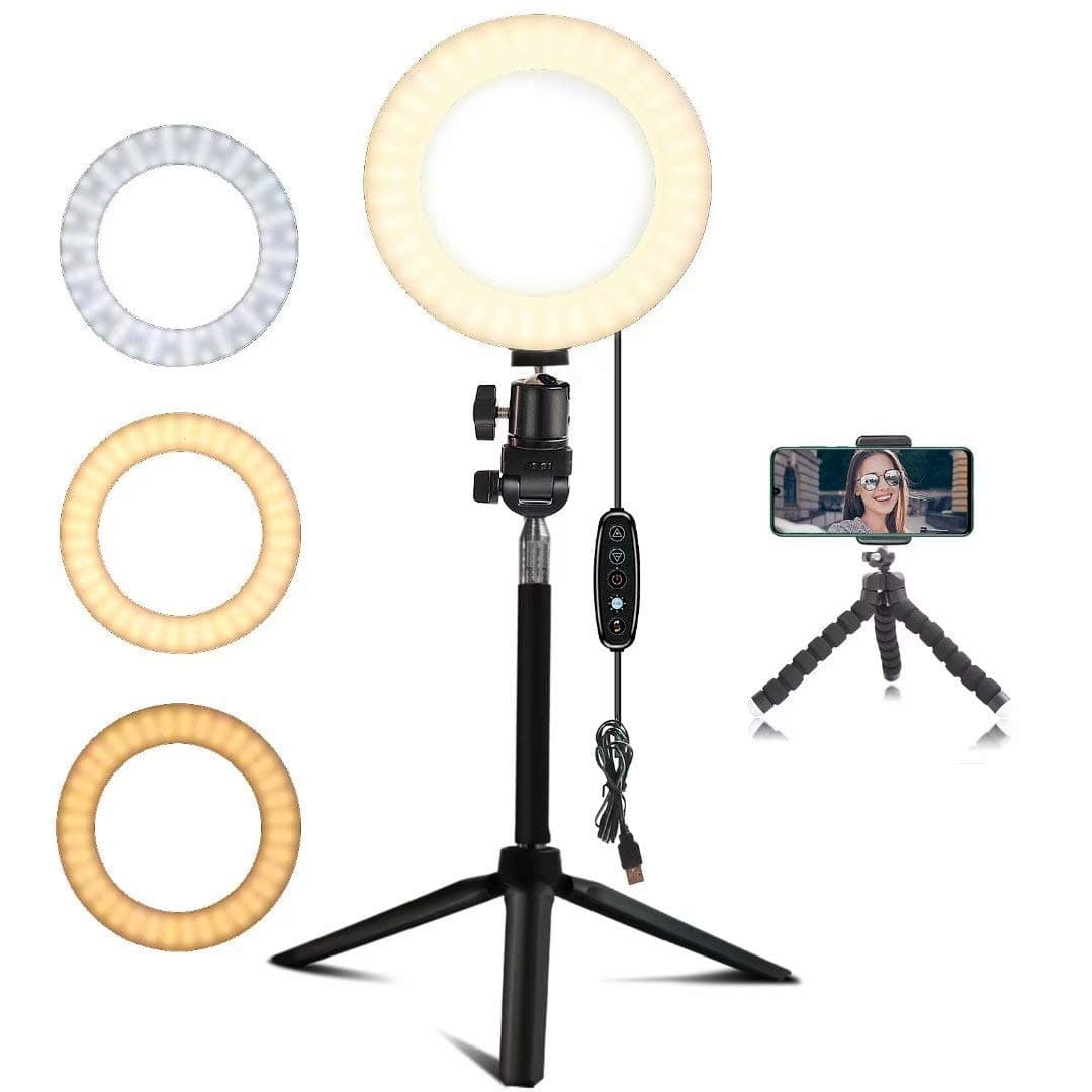 EEIEER Ring Light with Stand, Video Conference Lighting, 6'' Mini LED Camera Light with Cell Phone Holder Desktop LED Lamp for Live Stream/Makeup/Video/Photography (6inch,White/Cold Light)