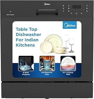 MIDEA 8 Place Setting Countertop Dishwasher (MDWTT0802D (B), Black, 6 wash programs, Portable, anti-bacterial filter & Intensive 70 degree wash for Ultra Hygiene, 24 Hour Delay Timer)