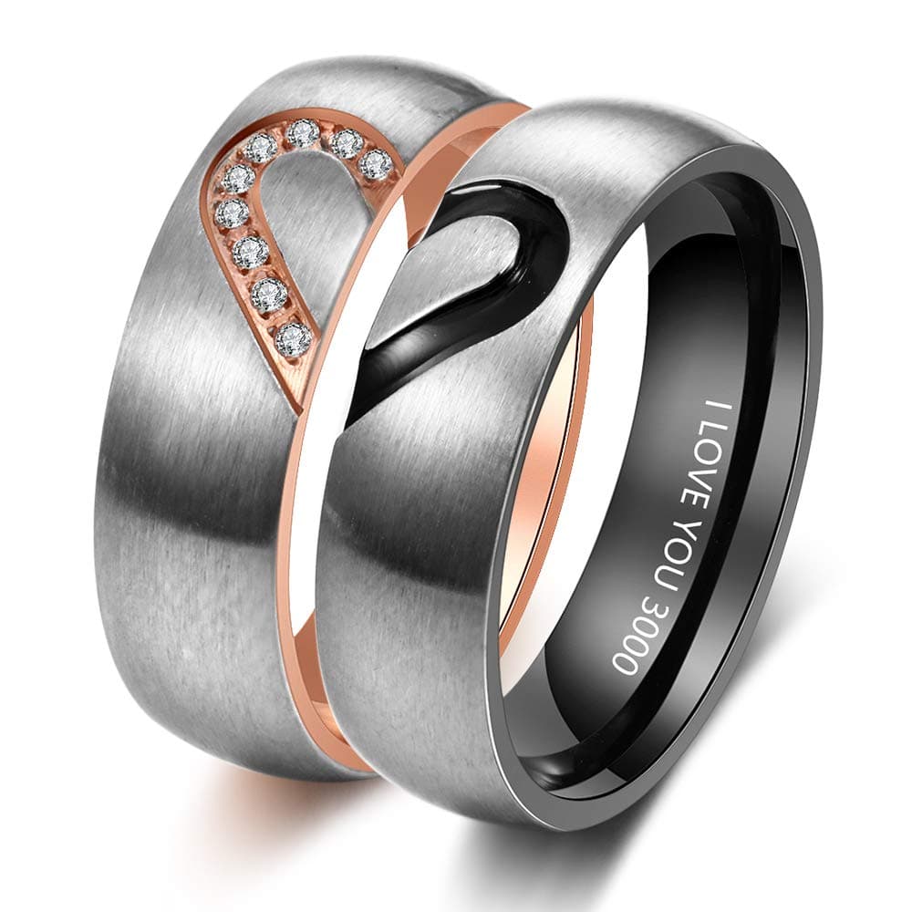 Personalized Couples Promise Ring Set for Him and Her Free Engraving Stainless Steel Engagement Wedding Rings Band Set for Men and Women Valentines Day Jewelry (Black+Rose Gold(2pcs))