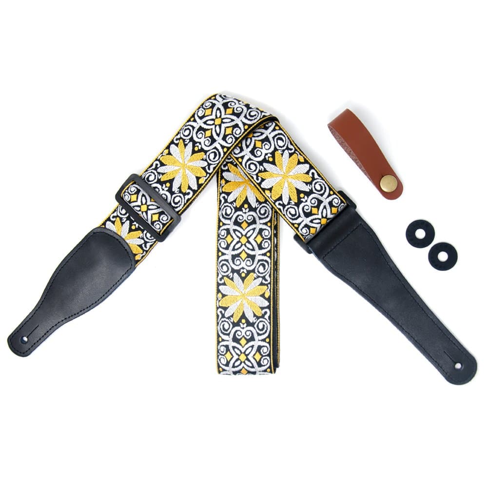 COOME 2" Jacquard Weave Hootenanny Guitar Strap with Polypropylene Backing & Leather Ends Bundle Including Strap Button and 2 Strap Locks for Acoustic, Electric, Bass and Classical Guitar (Yellow)