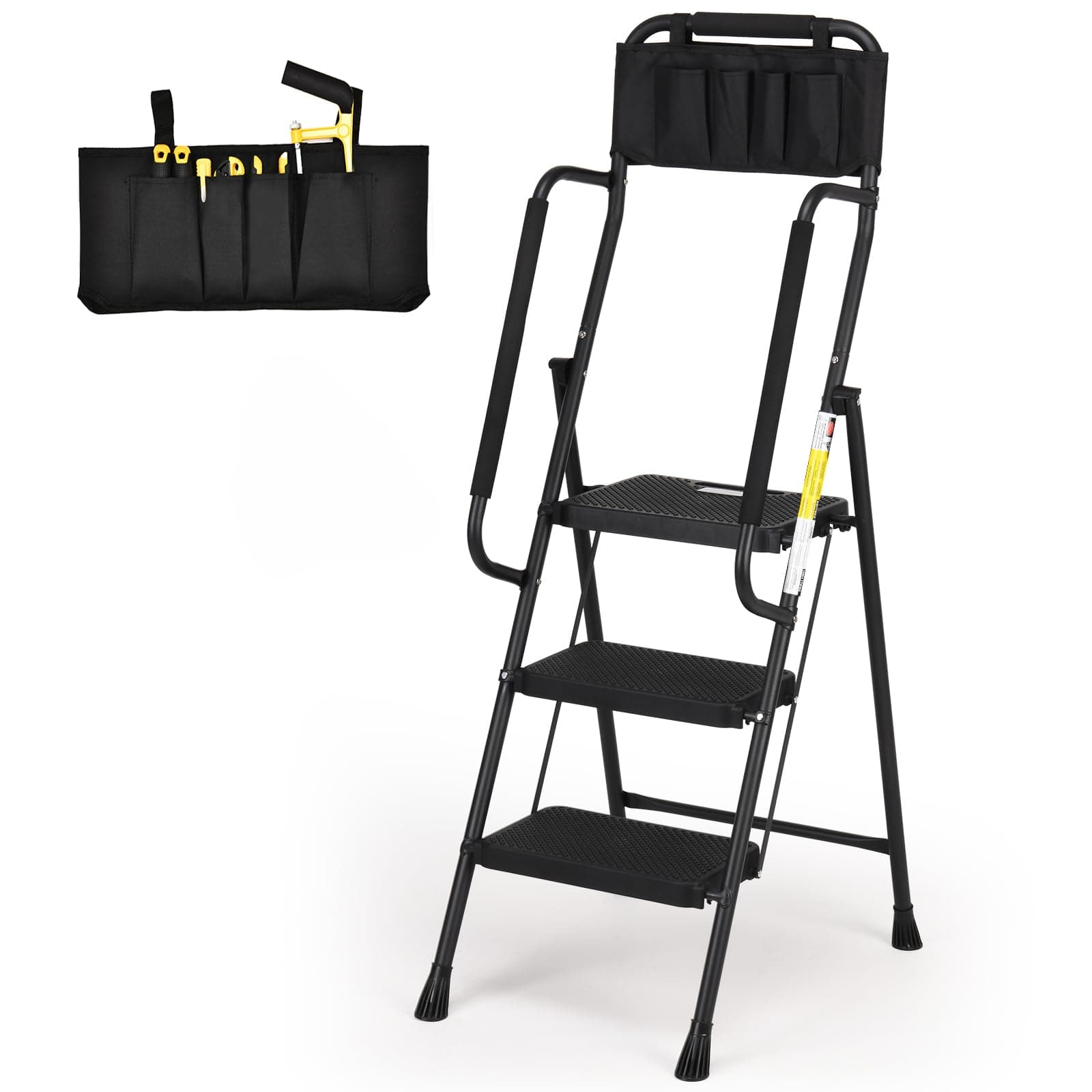 Step Ladder with Handrails, Folding Step Stool with Attachable Tool Bag & Anti-Slip Wide Pedal for Home Kitchen Pantry Office, Black
