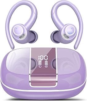 Wireless Earbuds Bluetooth 5.3 Headphones Sports, 48Hrs Playback Over Ear Buds with CVC8.0 Mic, Bass Stereo Bluetooth Earbuds with Earhooks, LED Display, IP7 Waterproof Earphones for Running Purple