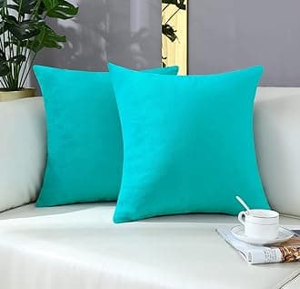 mixeoo Comfy Turquoise Throw Pillow Covers Decorative Square Solid Thick Velvet Super Soft Cushion Cases Home Decor for Sofa Couch Living Room Chair, Set of 2, 16 x 16 Inch