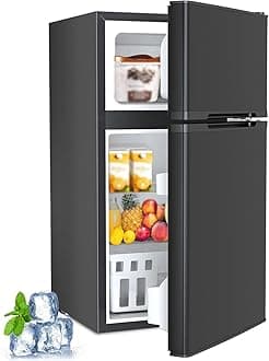 Kismile Mini Fridge with Freezer,3.2 Cu.Ft Compact Mini Refrigerator with Double 2 Door,Adjustable Temperature,Full Size for Home,Kitchen,Dorm,Apartment,Retro Black