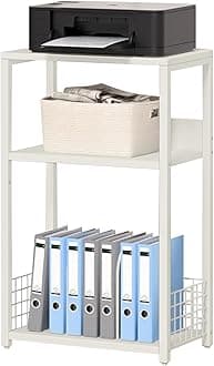 LELELINKY White Side Table,Small Printer Stand with Storage Shelf,3 Tier Industrial Bedside Tables,Vinyl Record Player Stand,Modern Sofa Night Stands for Living Room Bedroom Office Small Spaces