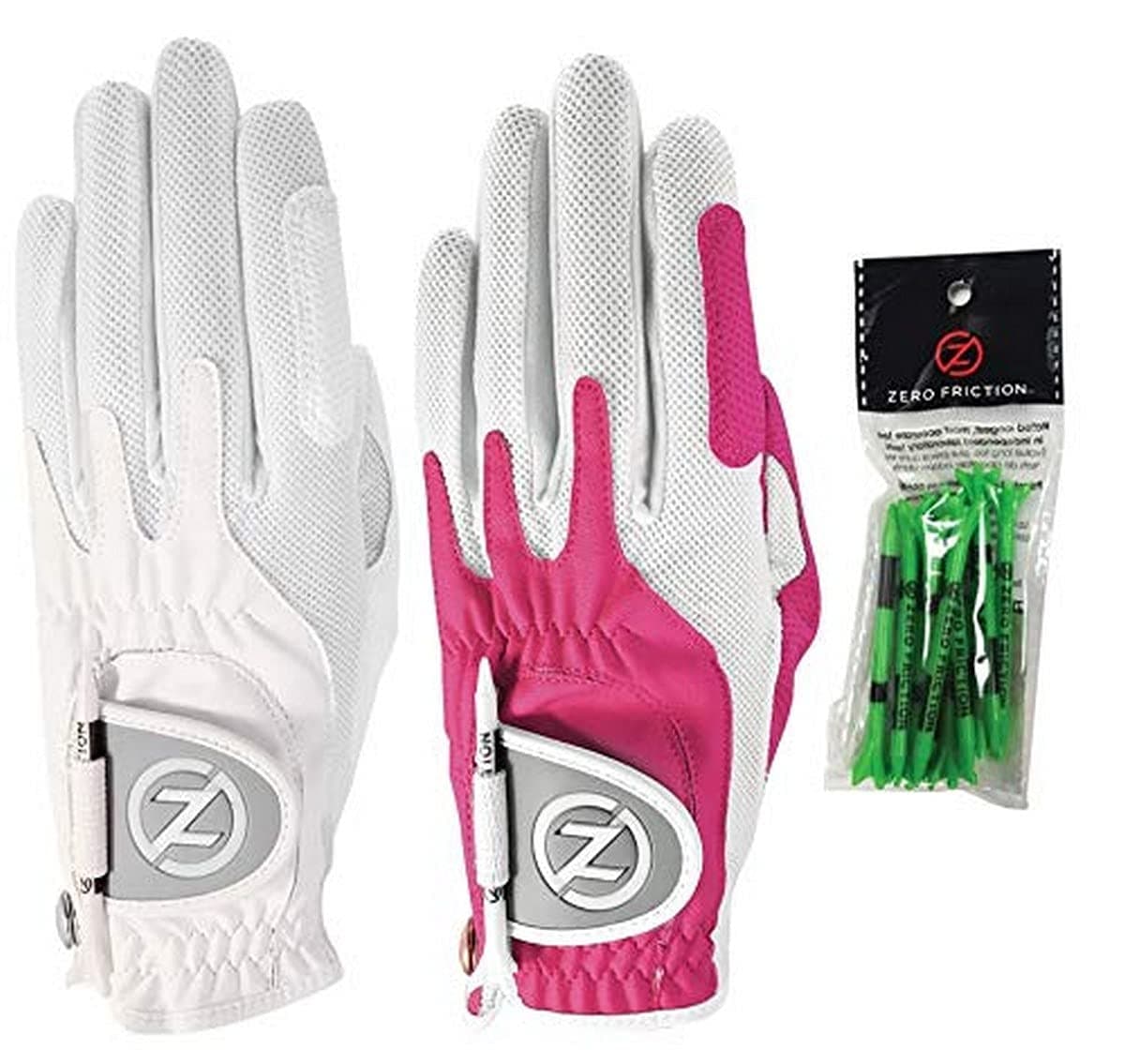 Zero FrictionLadies Compression-Fit Synthetic Golf Glove 2 Pack, Includes free tee pack, Universal-Fit