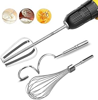 HOMICOZY 3-Piece Drill Electric Attachments Set, Stainless Steel Hand Mixer Beater, Whisk & Dough Hook, Dishwasher Safe, 7.5 inches