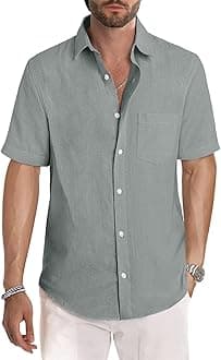 JMIERR Men's Casual Stylish Short Sleeve Button-Up Striped Dress Shirt Cotton Beach Shirts