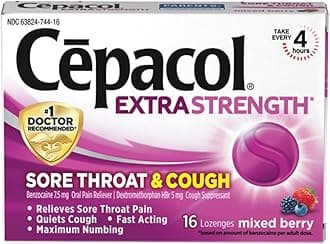 Cepacol Extra Strength Sore Throat Relief Lozenges, Mixed Berry Cough Drops, Maximum Numbing- Fast Acting Sore Throat & Canker Sore Relief with Dextromethorphan & Benzocaine, 16 Count