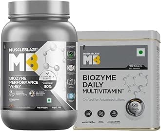 MuscleBlaze Biozyme Performance Whey Protein, Informed Choice UK, Labdoor USA Certified (Rich Chocolate, 1 kg / 2.2 lb) with Biozyme Daily Multivitamin for Men, 90 Tablets (Combo Pack)