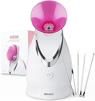 EZBASICS Facial Steamer Ionic Face Steamer for Home Facial, Warm Mist Humidifier Atomizer for Face Sauna Spa Sinuses Moisturizing, Unclogs Pores, 1 Pack + 5 Stainless Steel Skin Kit Pink