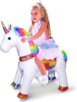 WondeRides Ride on Unicorn Plush Horse Toy for Girls Walking Animal Giddy up Pony Medium Size 4 for Age 4-9 (36 inch Height), Mechanical Riding Horse with Wheels
