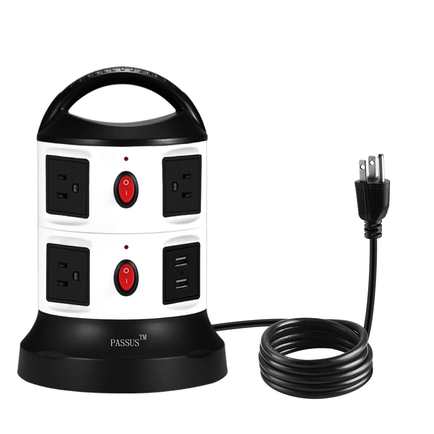 PASSUS Power Outlet Tower USB Surge Protector 2500W AC Power Strip with 7 Outlets,2USB Ports and 5.9feet Retractable Cord