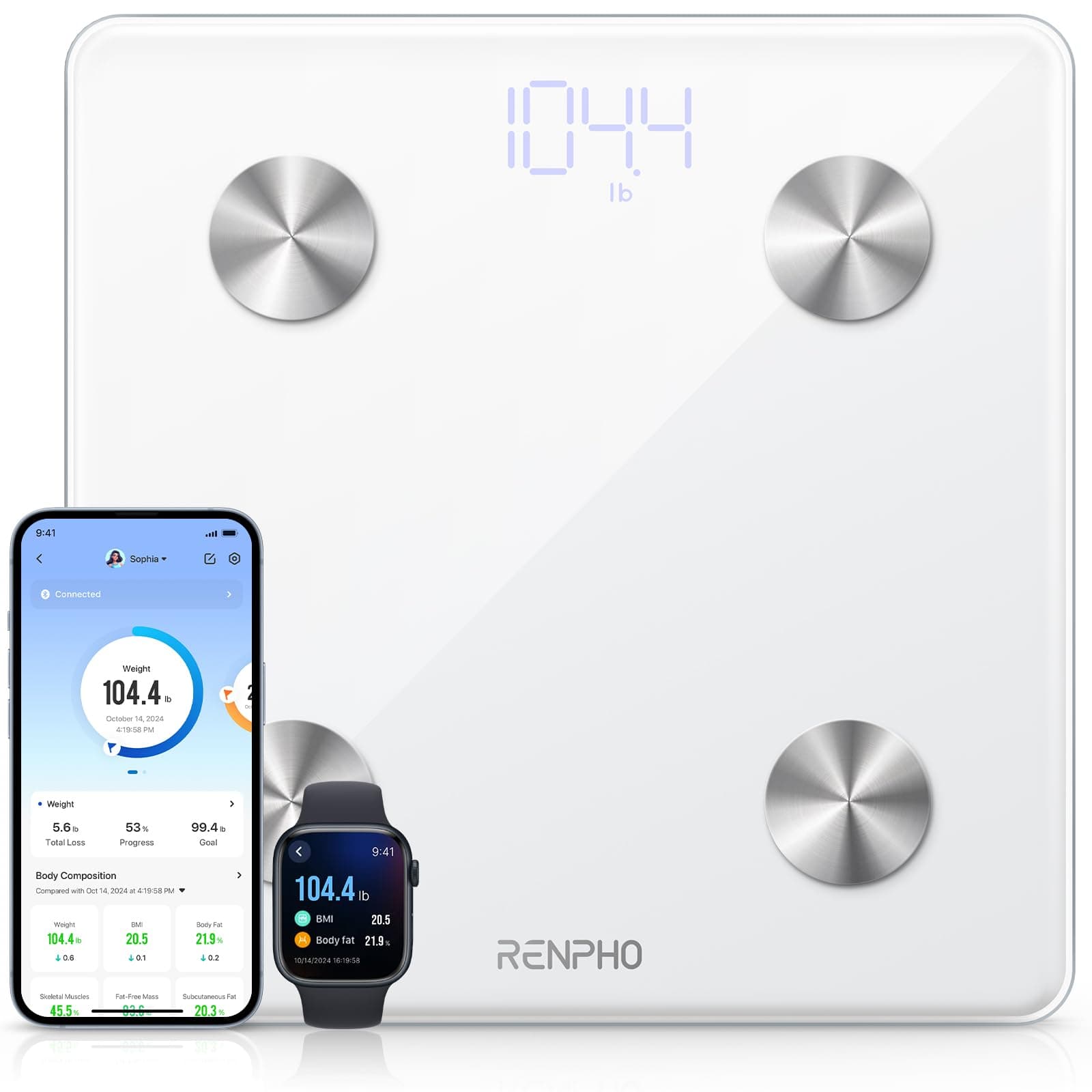 RENPHO Smart Scale, Body Fat Scale, Digital Bathroom Scale for Body Weight, Body Composition Analysis, Highly Accurate BMI Scale with APP, 400lbs, Includes Batteries, White-Elis 1