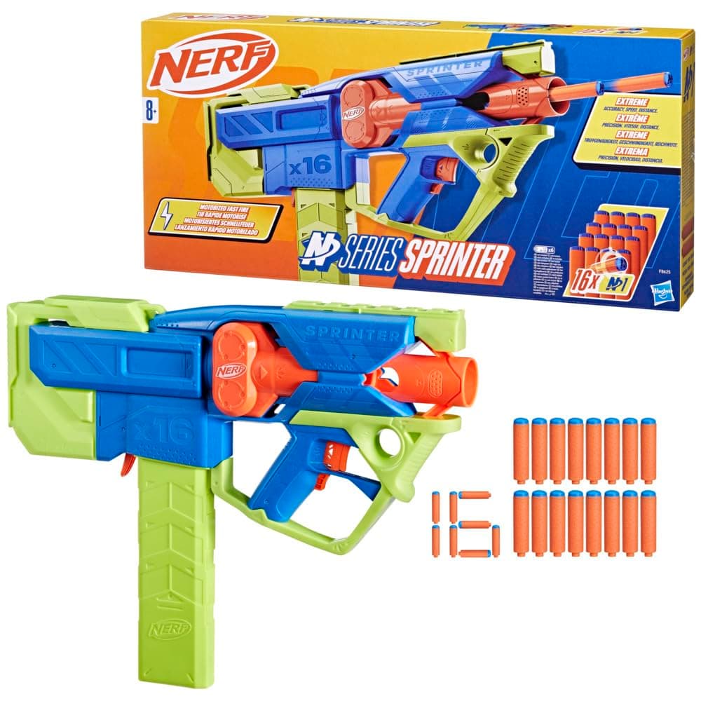 Nerf N Series Sprinter Motorized Dart Blaster, 16 Nerf N1 Darts Compatible Only with N Series Blasters, 16 Clip, Gifts For Kids, Ages 8+