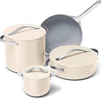 Caraway Cookware+ Collection - Specialty Cookware Set - Petite Cooker, Stir Fry Pan, Rondeau, & Stock Pot - 3 Lids & Storage Organizer Included - Cream