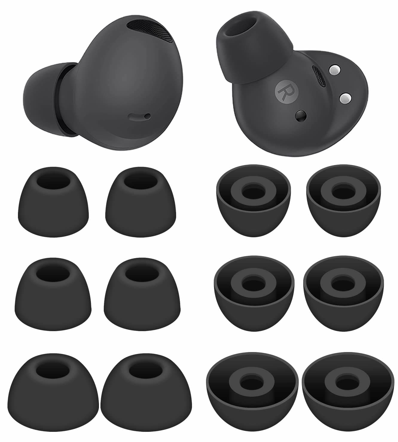 Galaxy Buds 2 Pro 2022 Replacement Ear Tips - 6 Pairs S/M/L, Graphite, Silicone, Noise Isolating, Compatible with Samsung Galaxy Buds 2 Pro